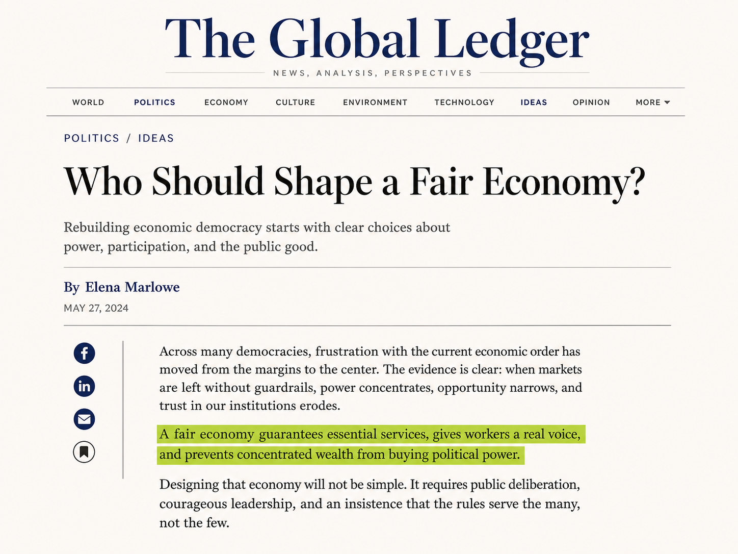 Fictional newspaper clipping about who should shape a fair economy